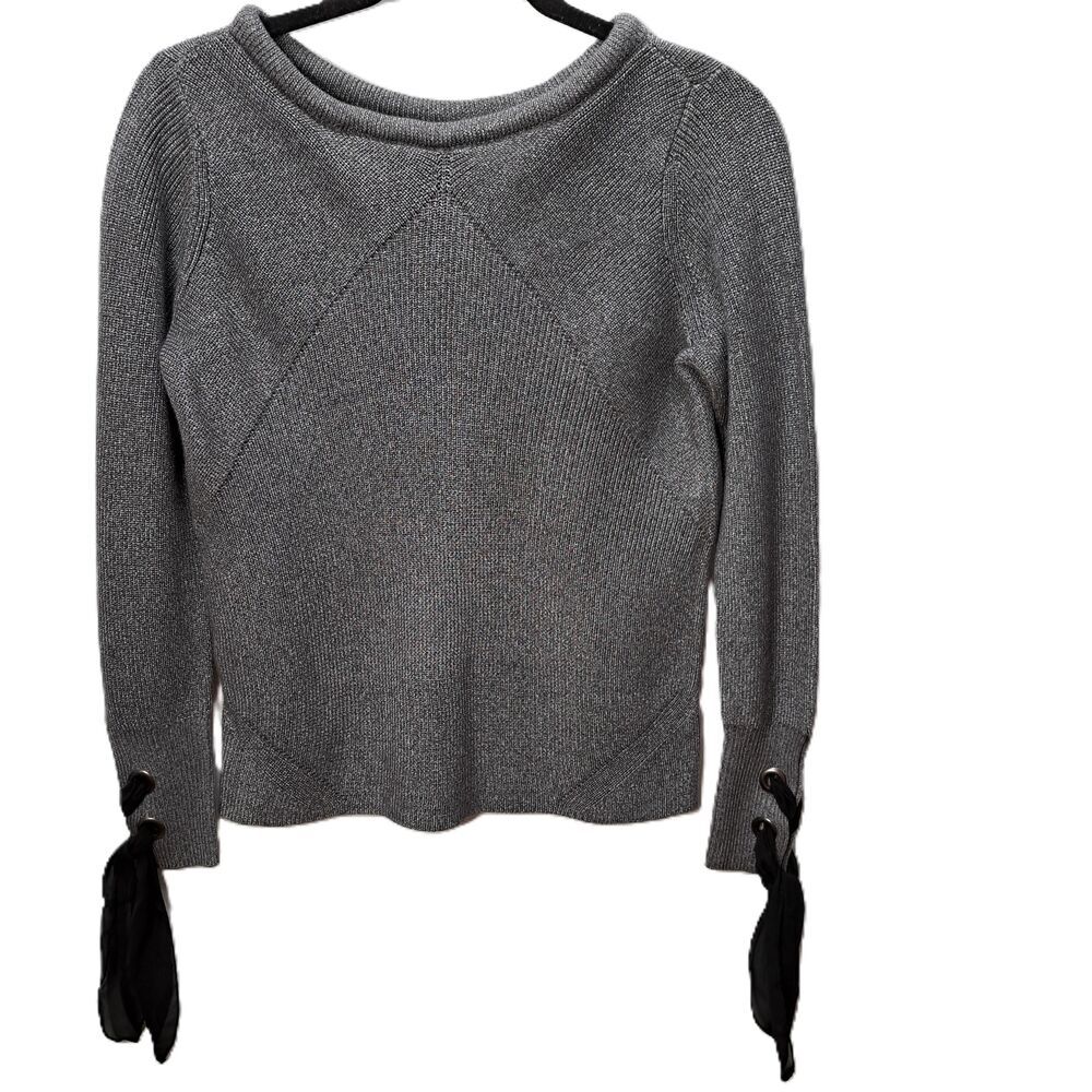 Nic+Zoe Womens Silver Gray Long Sleeve Ribbed Crew Neck Sweater w/Ties Medium